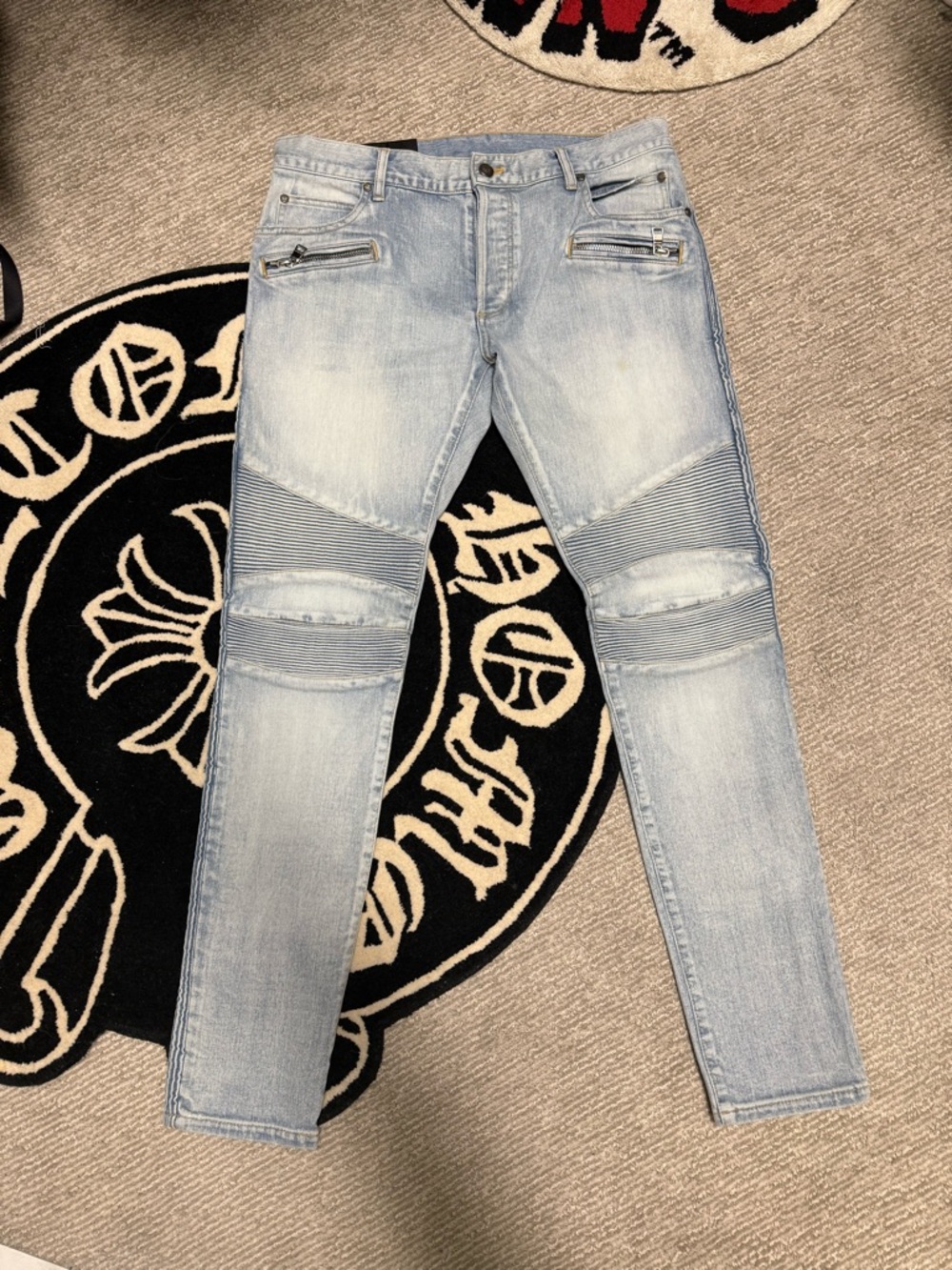 Balmain Light Blue Moto Skinny Jeans